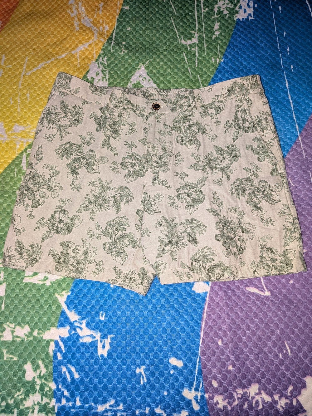 Murano Beige Shorts with Green  Palm Embroidered Print